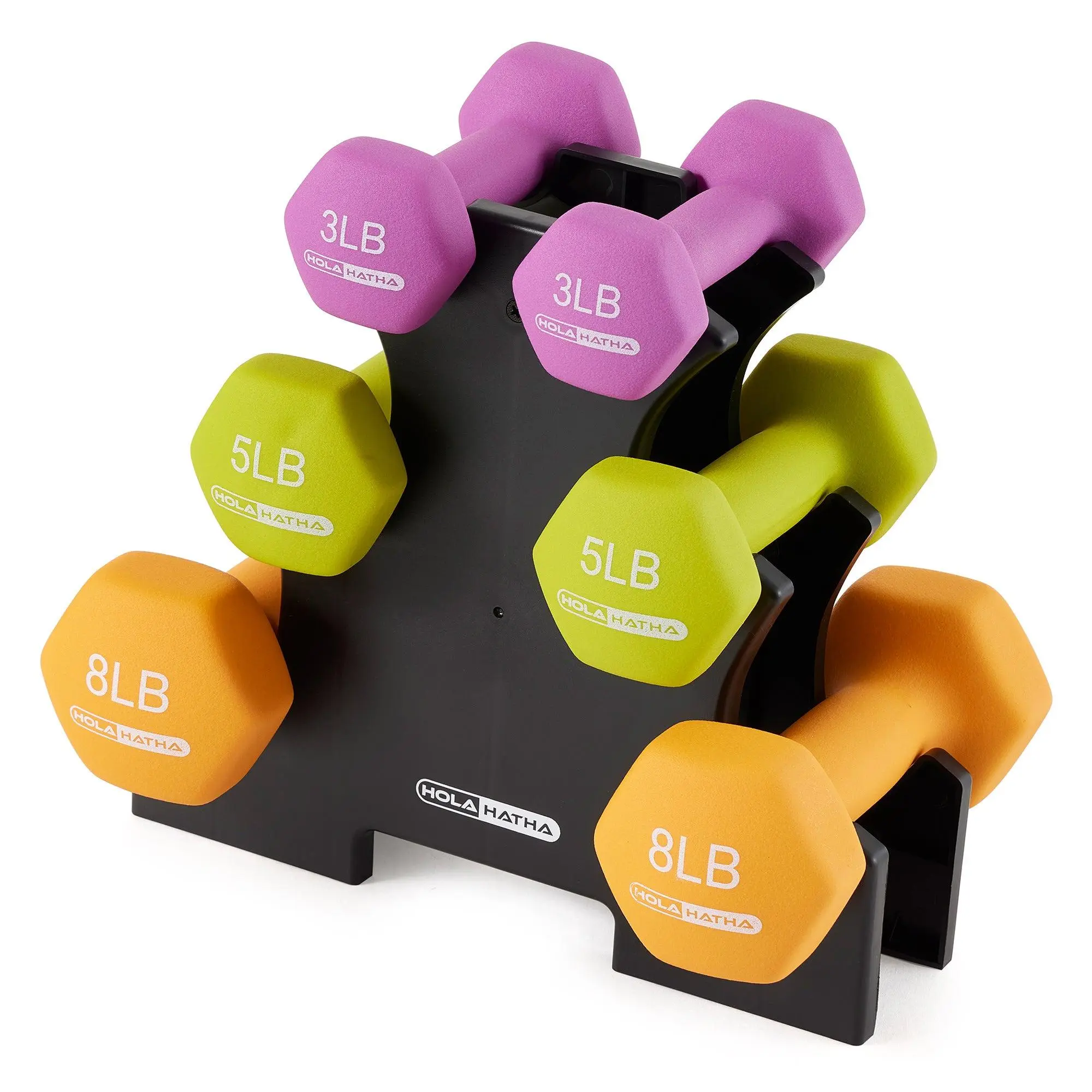 HolaHatha 3, 5, and 8 Pound Dumbbell Hand Weight Set with Storage Rack, Multi strength training HolaHatha 3, 5, and 8 Pound Dumbbell Hand Weight Set with Storage Rack, Multi strength training