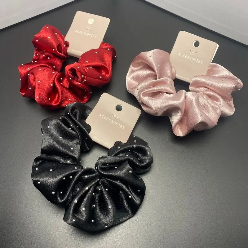 ZUXMINL Elegant Satin Zip Scrunchies - Stylish Hairbands for All Seasons in Red Pink and Black with Pearl Accents