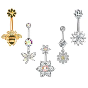 OIDEA 5PCS 14G Body-Safe Piercing Jewelry Set, 316L Stainless Steel Belly Button Rings with Cubic Zirconia Rhinestone Bee, Dragonfly, Flower & Reverse Curved Designs