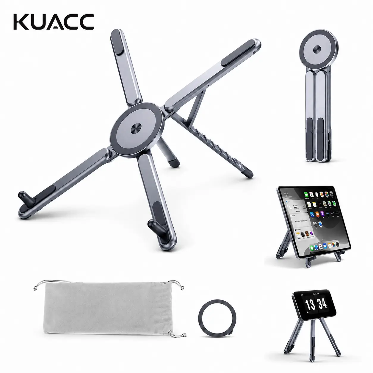 【School Supplies】Portable Laptop Stand for Desk,Foldable Adjustable Computer Riser with MagneticPhone Holder,Aluminum Laptop Stand for 10–16"Laptops & 4-13" Phones/Tablet