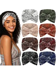 Ladies' 8PCS printed headband, Bohemian headscarf style headband, fashionable cashew anti slip sweat absorbing sports headband, yoga, running daily fashion, 8-piece set of multi-color combination outfit