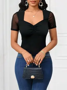 Contrast Mesh Ruched Sweetheart Neck Tee Work/Office Business Casual Woman Office For Women Professional