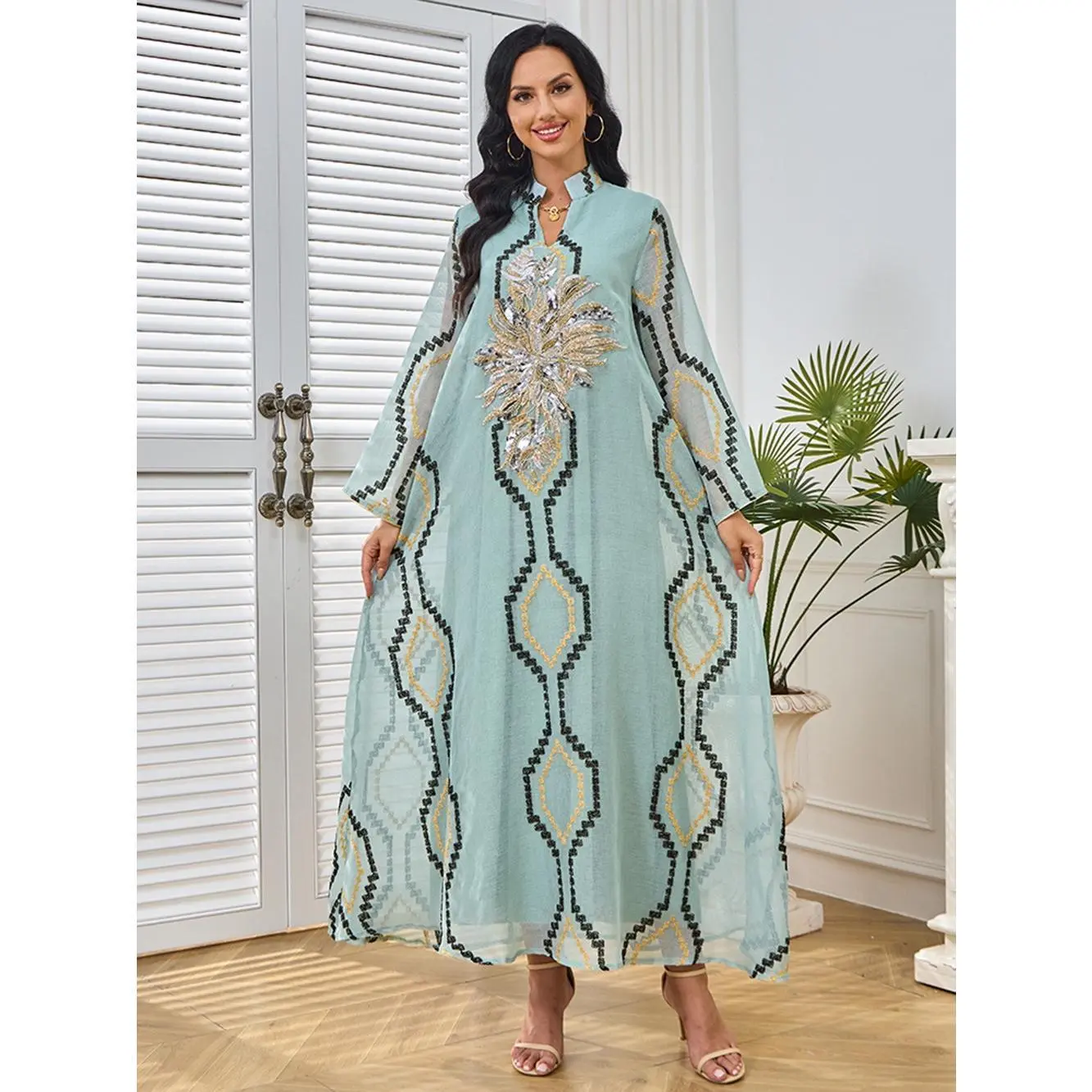 Women's Loose Modest Style Polyester Tunic Dress - Crew Neck, Plaid Embroidery, Regular Sleeve Long Robe, Dubai Abaya, Moroccan Jalabiya, Daily/Eid Ramadan Party Wear