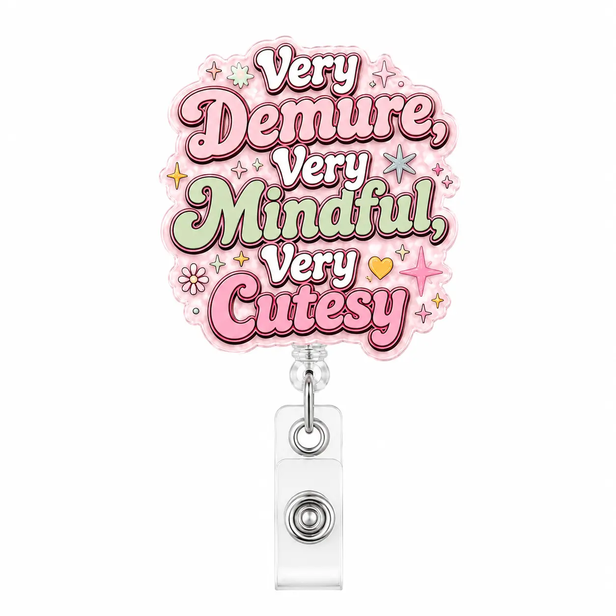 Very Demure Very Mindful Very Cutesy Badge Reel, Pink Retractable ID Badge Holder, Cute Work Badge Clip for Nurses Teachers Office and Healthcare Staff