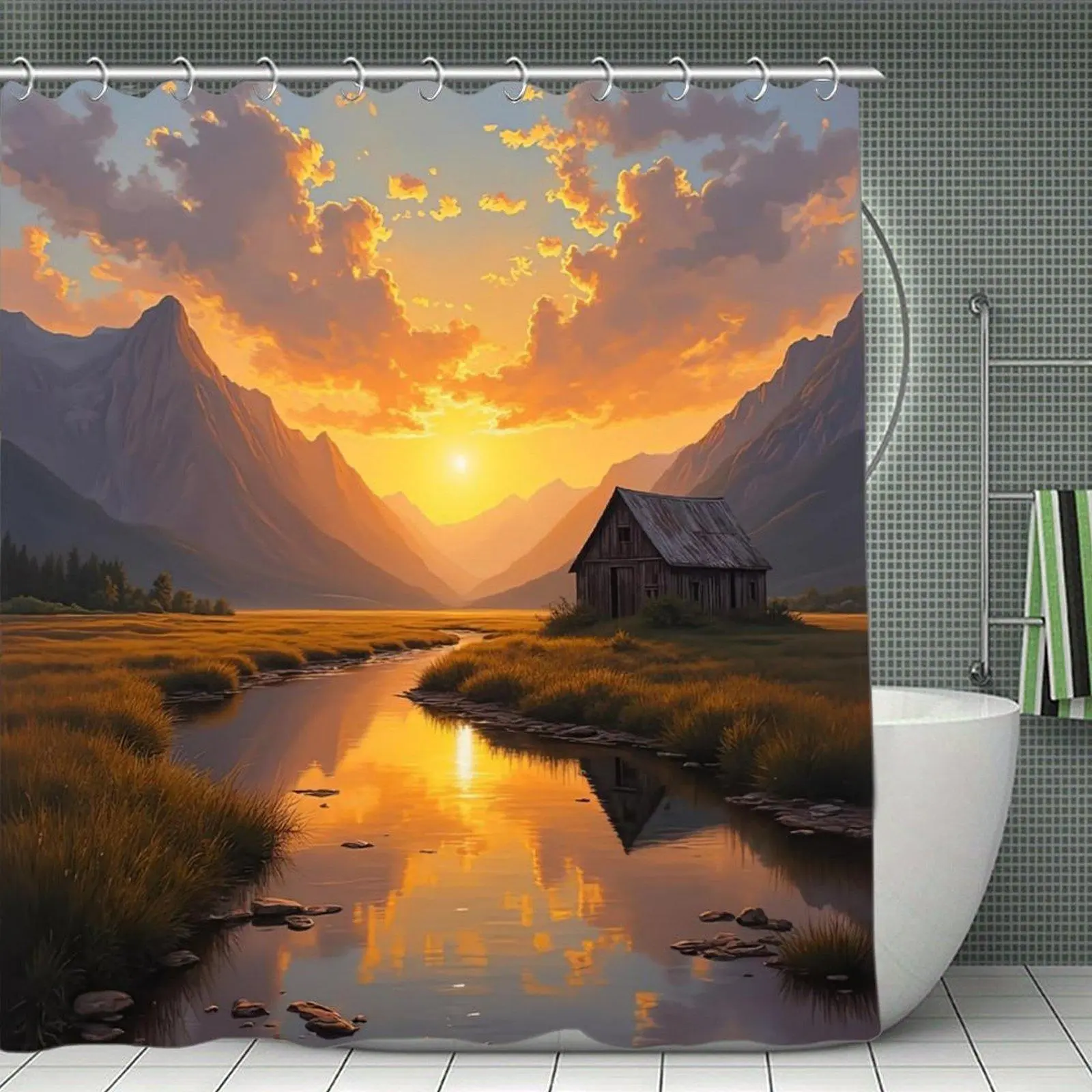 Rustic Barn River Sunset Mountain Landscape Decorative Shower Curtain