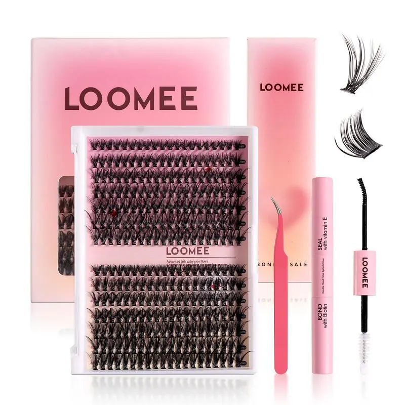 LOOMEE DIY Makeup Eyelash Extensions Kit - 280 PCS Fluffy Individual Bristle Clusters, C/D Curl 9-15mm, Professional Cosmetic Bond and Seal Lash Tools