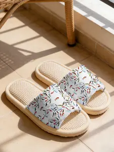 White Base Colorful Fish School Print Linen Slippers Fresh Ocean Style Cloud-Feel Linen Breathable Non-Slip Must-Have For Ocean Lovers Home & Outdoor