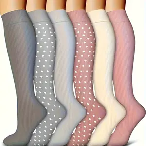 6-Pack Nurse, Cycling and Running Knee High Compression Socks - 15-25 mmHg Blood Flow Support, Polyester & Spandex Blend, Striped Design for All Seasons - and Athletic Use, Comfortable Fabric-Care Compression Stockings