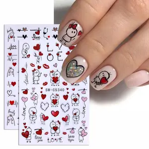 Valentine's Day Nail Art Stickers, Cartoon Character Heart Lip Print Balloon Confession DIY Nail Decals, Suitable for Women and Girls