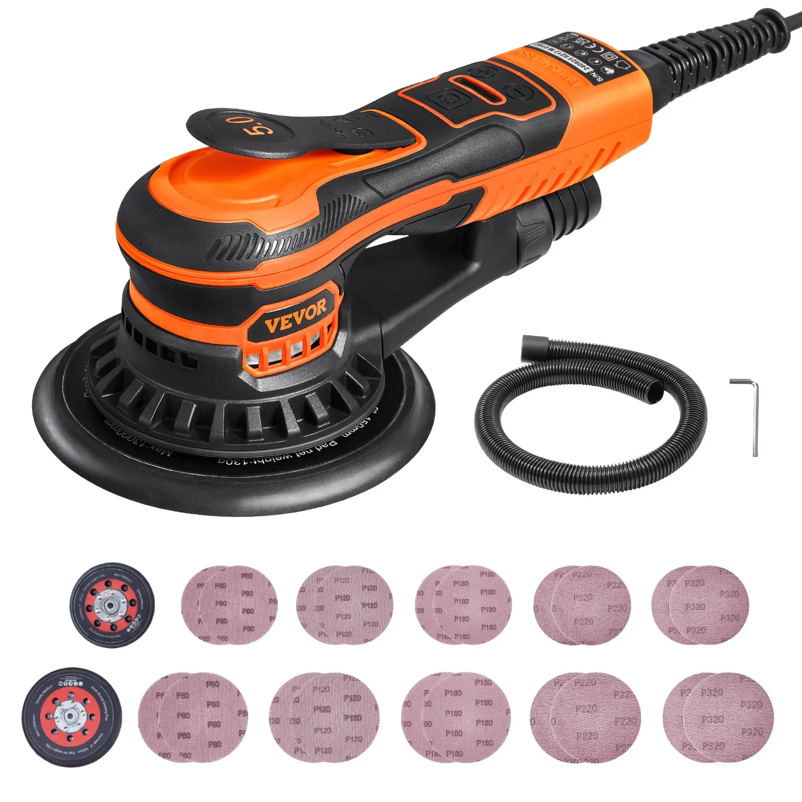 VEVOR Brushless Motor Random Orbital Sander, 5-6 in, 350W 6-Speed Electric Palm Sander (10,000 RPM, Instant Stop Function), 20 Sandpapers, Dust Connector & Hose, 10x6x4.3 in, for Woodworking Detailing Sanding