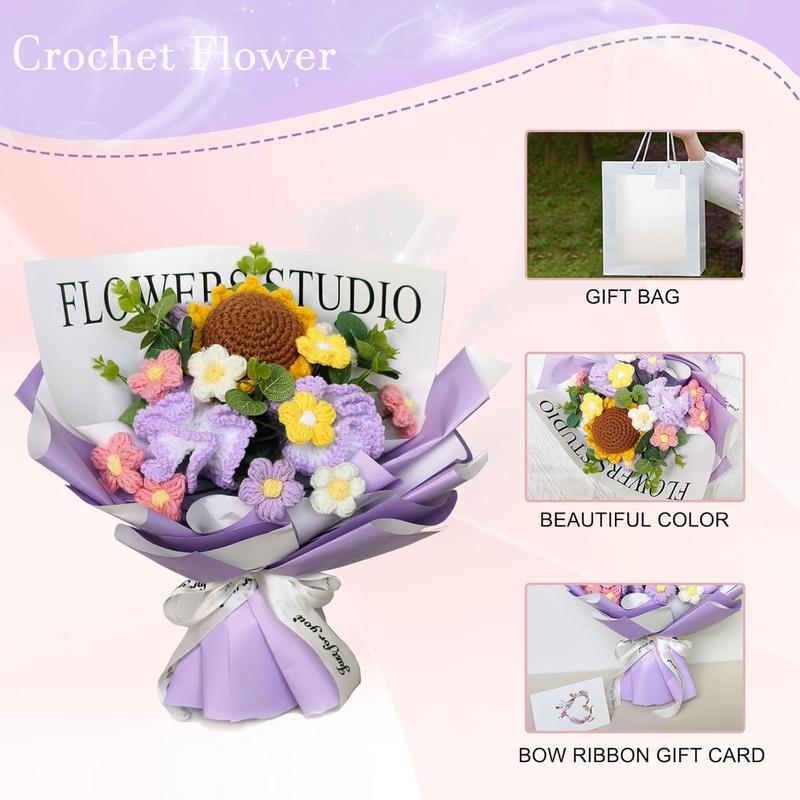 Crochet Flowers, Crochet Flower Bouquet, Sunflower, Handmade Flowers, Knitted Flowers, Pink Roses, Carnation, Tulip, Preserved Flower for Mother's Day, Valentine's Day, Birthday