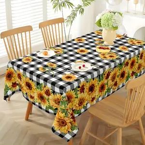 EastJia Made in USA Sunflower & Black White Gingham Tablecloth, Spring Summer Decor, Washable Reusable Polyester, Perfect for Home, Kitchen & Party Decor