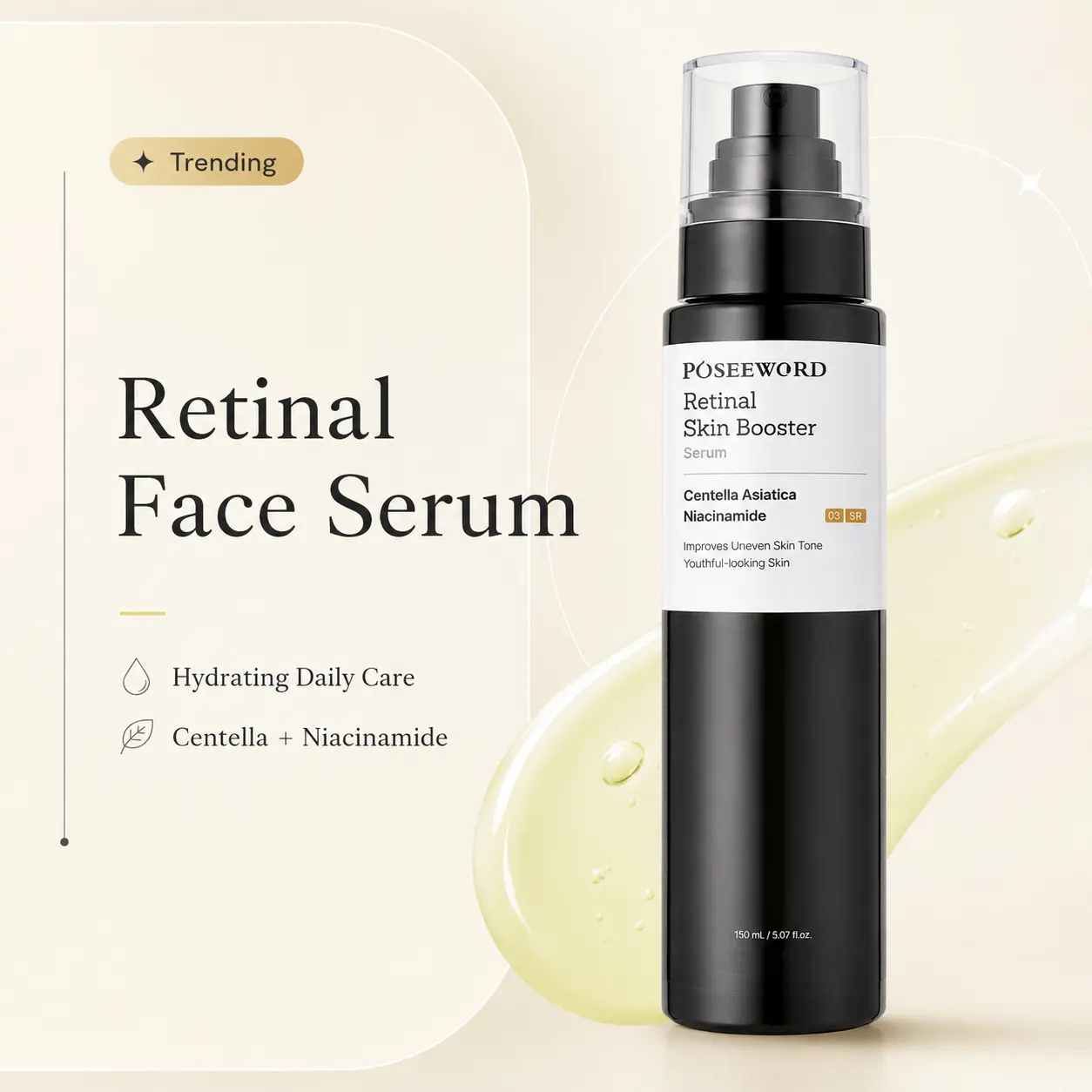 PÓSEEWORD Retinal Serum with Niacinamide & Centella Asiatica – Hydrating PM Face Serum, 150 mL / 5.07 fl oz