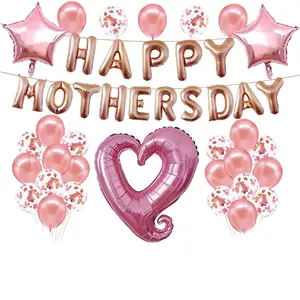 Mother’s Day Balloon Set (Pink) – Includes 10 pink and glitter balloons, 1 heart-shaped foil balloon, a banner, and 2 star-shaped balloons, totaling 42 pieces for Mother’s Day party, birthday, and decorative setups.