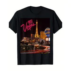 Men's Las Vegas Strip Nightlife Print Short-Sleeve T-Shirt - 100% Cotton, Round Neck, Soft, Comfortable, Menswear, Streetwear, Ideal for Sports & Casual Wear, Shortsleeve, Tshirt