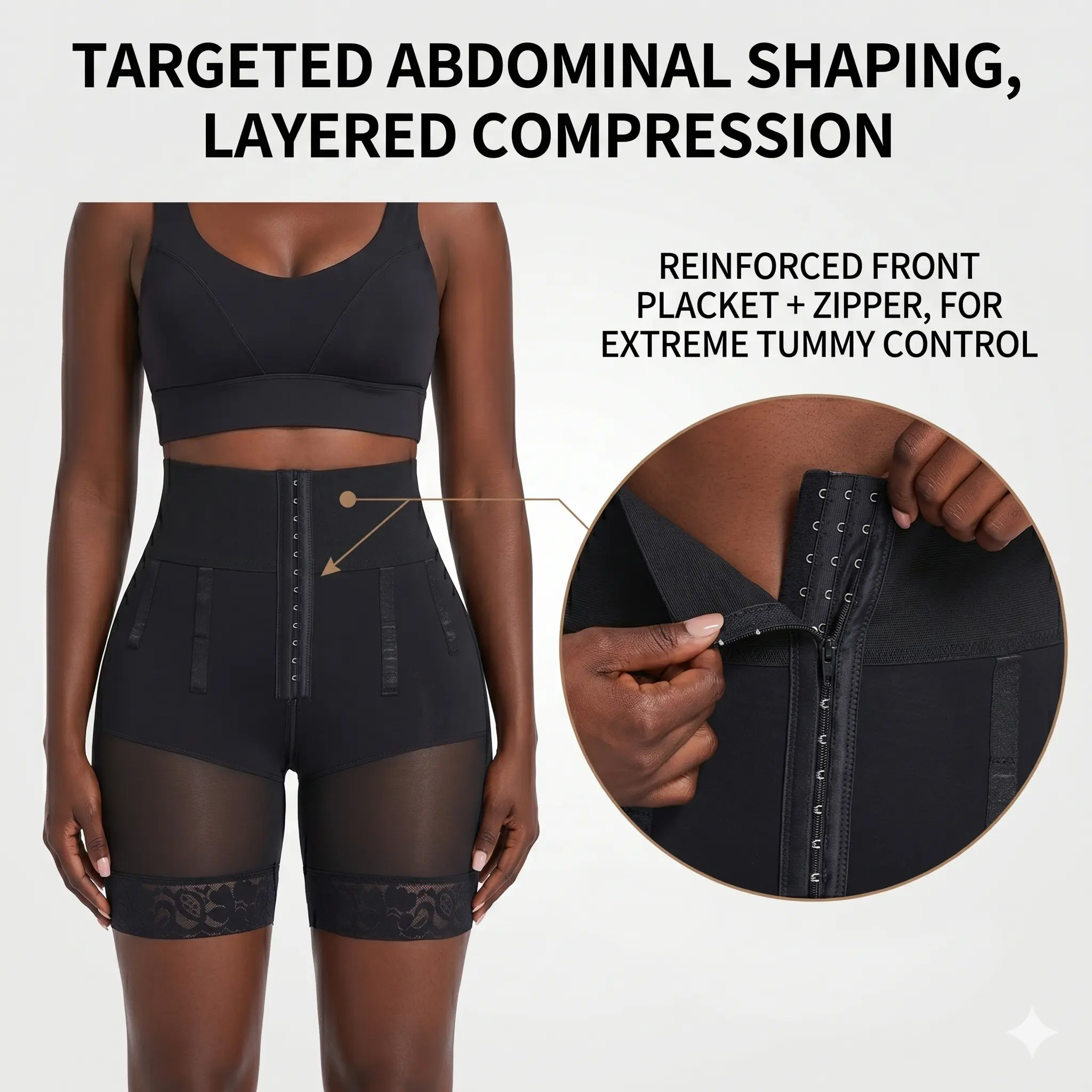 Women's tummy-control briefs featuring a hook-and-eye closure, an anti-slip strip to prevent rolling or shifting, and a zippered crotch design | control body shaper,tummy control compression,shapewear,waist slimming,high compression bodysuits
