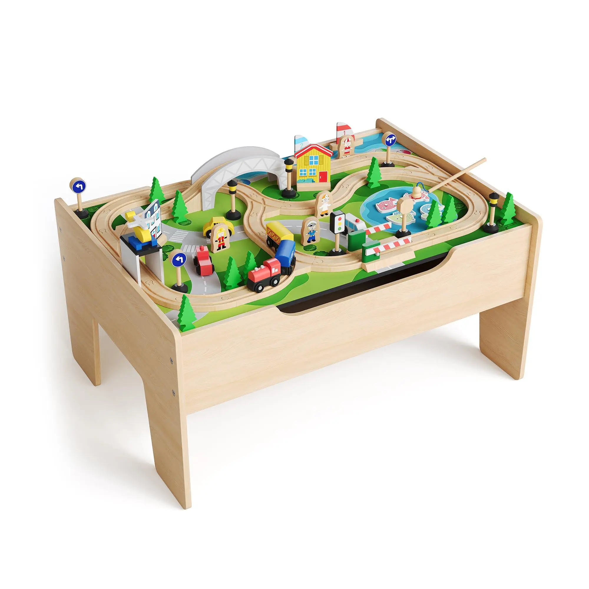 78 Piece Wooden Train Table for Kids, Multipurpose Activity Playset with Reversible Top, Built-in Storage Drawer & Train Tracks, Natural Oak