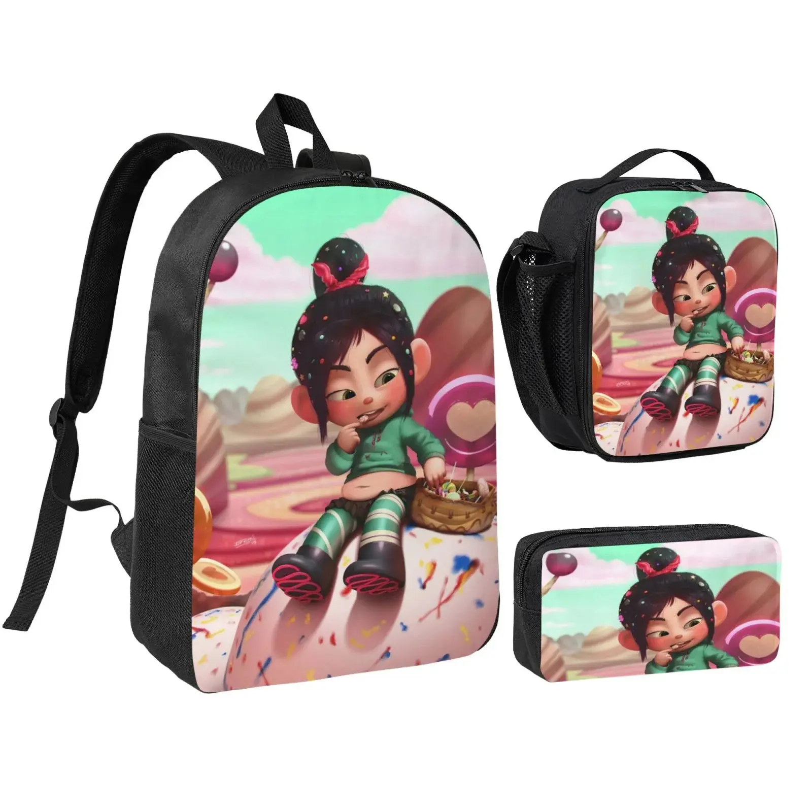 Vanellope von Schweetz princess Three piece backpack set young backpack combination backpack lunch bag pencil case