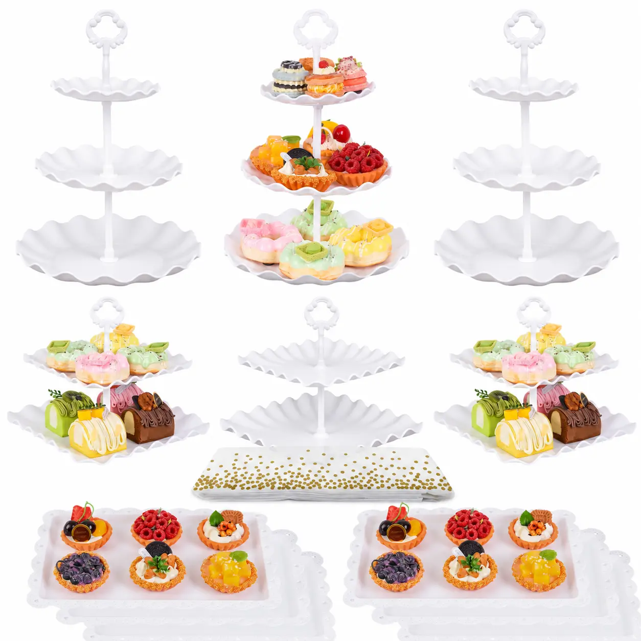 11-Pack Dessert Table Display Set, 6 Cupcake Stands and 6 Dessert Trays, Plastic Dessert Display Stands and Cake Stand, Treat Table Displays Set for Wedding, Baby Shower, Tea Party (White)