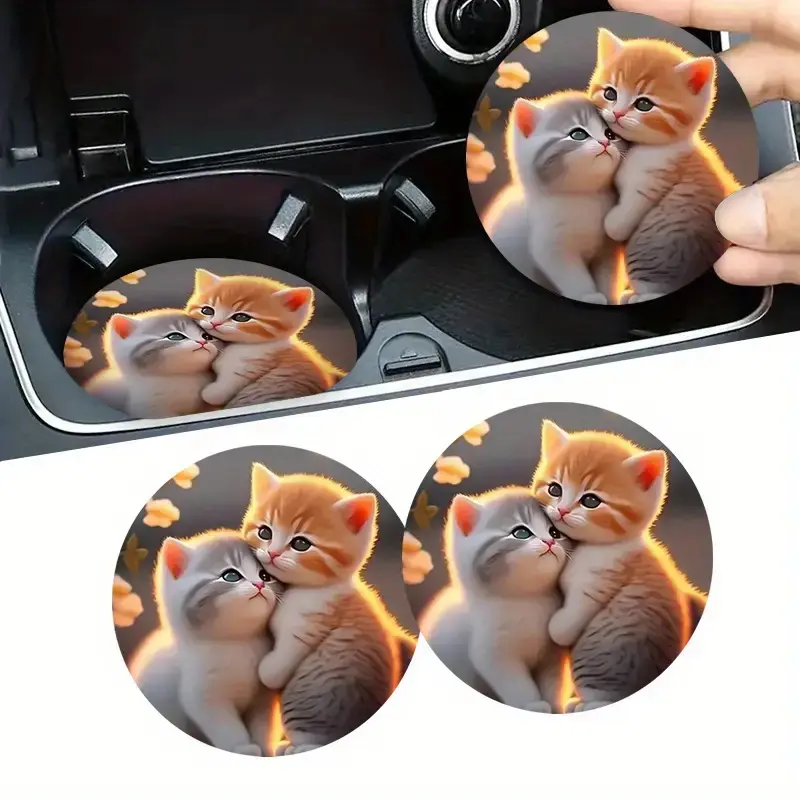 2pc Cute Kittens Car Cup Holder Coasters, Kawaii Cuddling Cats Car Coasters, Absorbent Rubber Anti-Slip Auto Cup Mat, Trendy Aesthetic Car Decor Cat Lover Gift