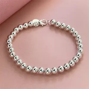 US-FASHION - 18-20CM 925 Sterling Silver Bracelet Exquisite 6MM Beads Women Fashion Wedding Party Gift Jewelry