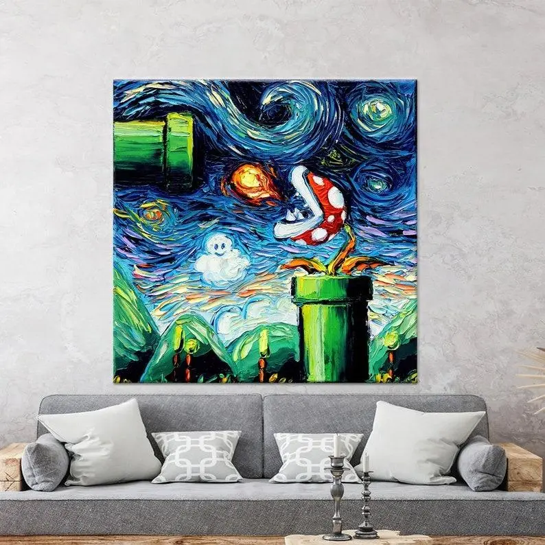[UNFRAMED POSTER] Starry Night Mario Canvas, Game Room Decor, Van Gogh Canvas Decor, Abstract Artwork, Game Room Wall Decor, Set Canvas, Mario Collage Art