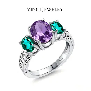 S925 Sterling Silver 2.73 Cttw Synthetic Crystal &Synthetic Amethyst 3 Stone Ring For Women, Artificial Gemstone Jewelry, Vintage Synthetic Topaz Ring Wedding Engagement Anniversary Promise Ring For Women, Statement Ring