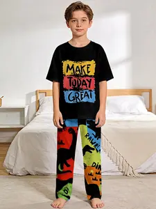 Boys' digital printed short-sleeve pajamas with long sleep pants 2-piece set featuring dinosaur silhouettes and colorful slogans on a black background, made of flame-retardant fabric. This stylish, trendy, casual, comfortable and soft pajama set is