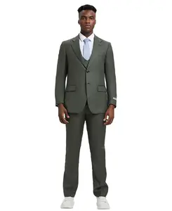 Stacy Adams Hybrid-Fit Sharkskin Suit w/ Double Breasted Vest, Olive