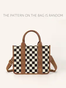 Checkered Mini Tote Bag for Women Canvas Shoulder Bags Crossbody Bag Handbag Satchel Bag Teacher Handbag - School Work Office Travel Beach Geometric Pattern Bag