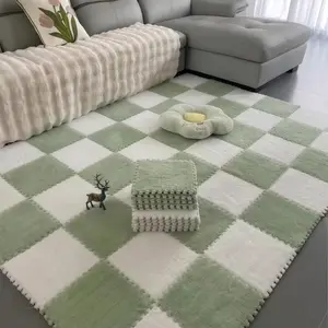 24pcs Carpet Squares Puzzle Floor Mat, Plush Fluffy Checkered Rug Interlocking Carpet Tiles, Anti Slip EVA Foam Jigsaw Floor Tiles, Build A Safe Area for Bedroom Playroom