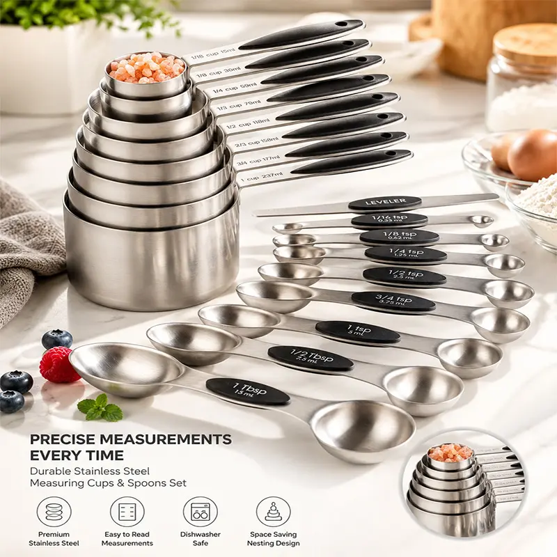 Stainless Steel 17PCS Measuring Cup & Spoon Set Includes 8 Heavy-Duty Cups 8 Double-Sided Magnetic Spoons & 1 Leveler for Dry Liquid Ingredients magnetic stainless essential baking tool me spoons and cup