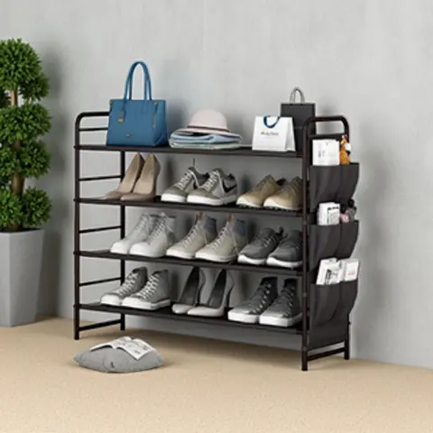 SUOERNUO 4-Tier Vertical Shoe Rack - Free-Standing Iron+Fabric Rectangular Shelf with Side Bag, Footwear Organization Solution, Stackable Shoe Organizer, Holds 9-12 Pairs, 15kg Capacity, Beige Indoor Entryway Bedroom Furniture