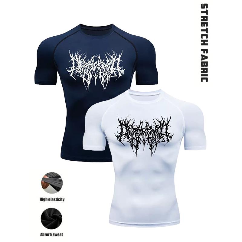 2pcs Men's Gothic Gym T-Shirts - Wing Print, Anti-Slip Seams for Intense Training, Stretch Fabric, Slim Fit, Black & White, Polyester Blend Workout Tops for Fitness, Bodybuilding & Streetwear