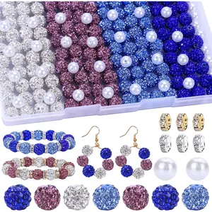 Making Beads Set, 300 count 10mm Rhinestone Clay Beads, 8mm Mixed Color Spacer Beads with  and Floral Beads for DIY  Making (White +  + Blue)