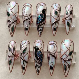 Gothic Raven Stained Glass Press On Nails, Rose Gold 3D Art, Dark Fantasy Gothic Nail Design, Handmade Luxury Press Ons, Witchy Aesthetic Nails for Halloween, Party, Statement Look, Unique Gift for Her