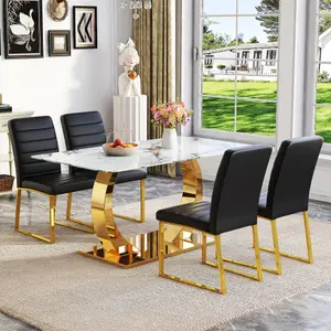 Bellemave  Marble patterned tempered glass dining chair set (gold decoration): 63 inch dining table+4 modern minimalist style dining chairs