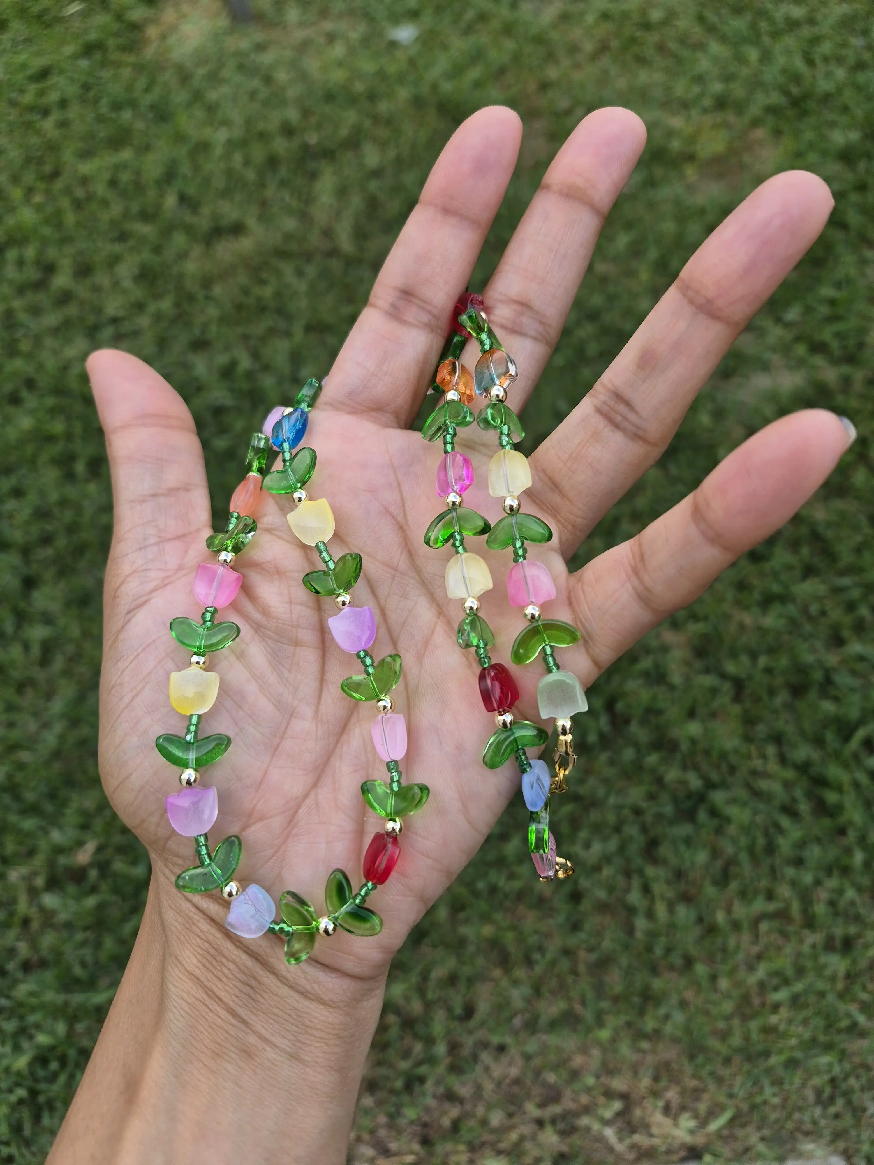 'Tiny Tulips' Eyeglass Chain & Sunglass holder with Glass Beads and Multicolored flowers