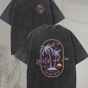 Men's Heavyweight Washed Cotton T-Shirt - Vintage Surf Style Tropical Beach Sunset Palm Tree & Surf Graphic Print, Light Pink & Orange Retro Design, Oversized Relaxed Fit Crew Neck Short Sleeve, Soft Breathable Fabric for Vacation, Surfing, Casual