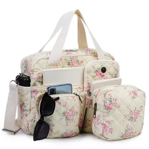 2 PCS/Set Small Cute Floral Quilted Tote Bag with Multi-Pockets for Women, Crossbody Shoulder Purse Everyday Handbags