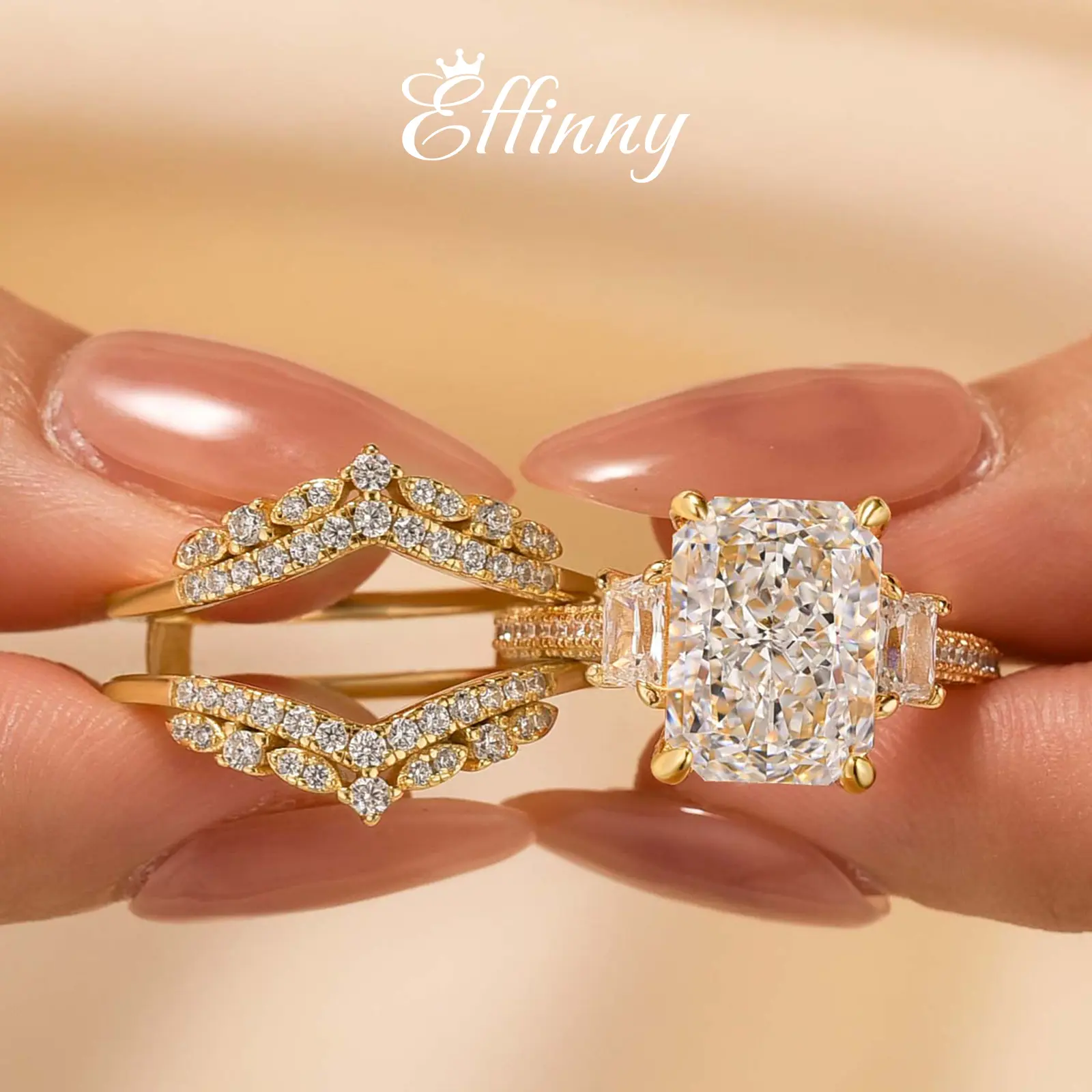 Effinny Women's Bridal Set Rings, 2PC Golden Wedding Engagement Band, 4.0ct Radiant Cut 5A Grade Bling CZ Diamond Jewelry for Women, Wedding