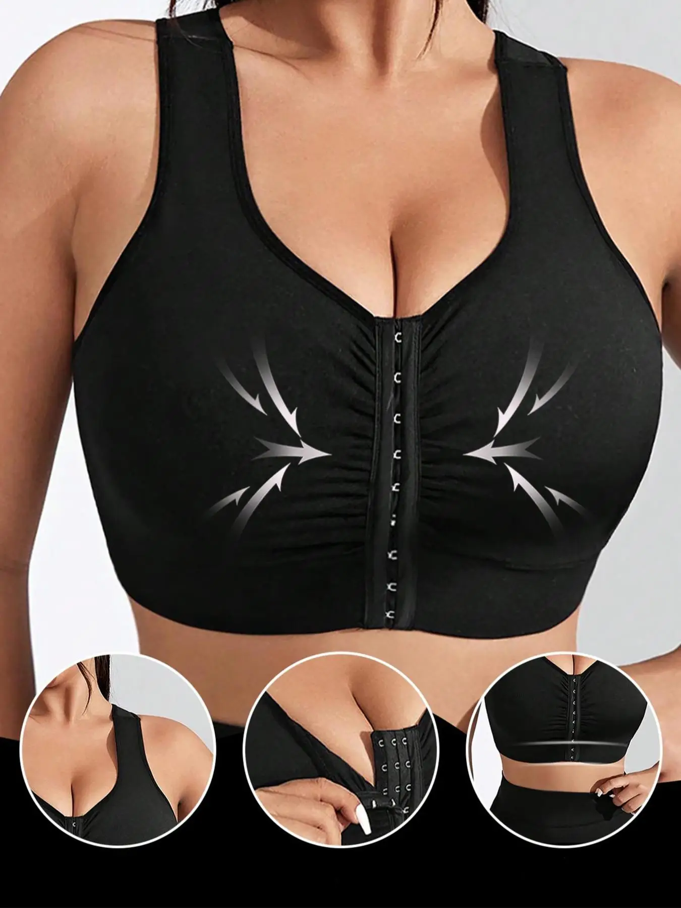 Plus Size Solid Hook & Eye Front Adjustable Sports Bra, Breathable High Stretch Sports Bra For Women, Women's Sport Clothing For Indoor Outdoor Wear