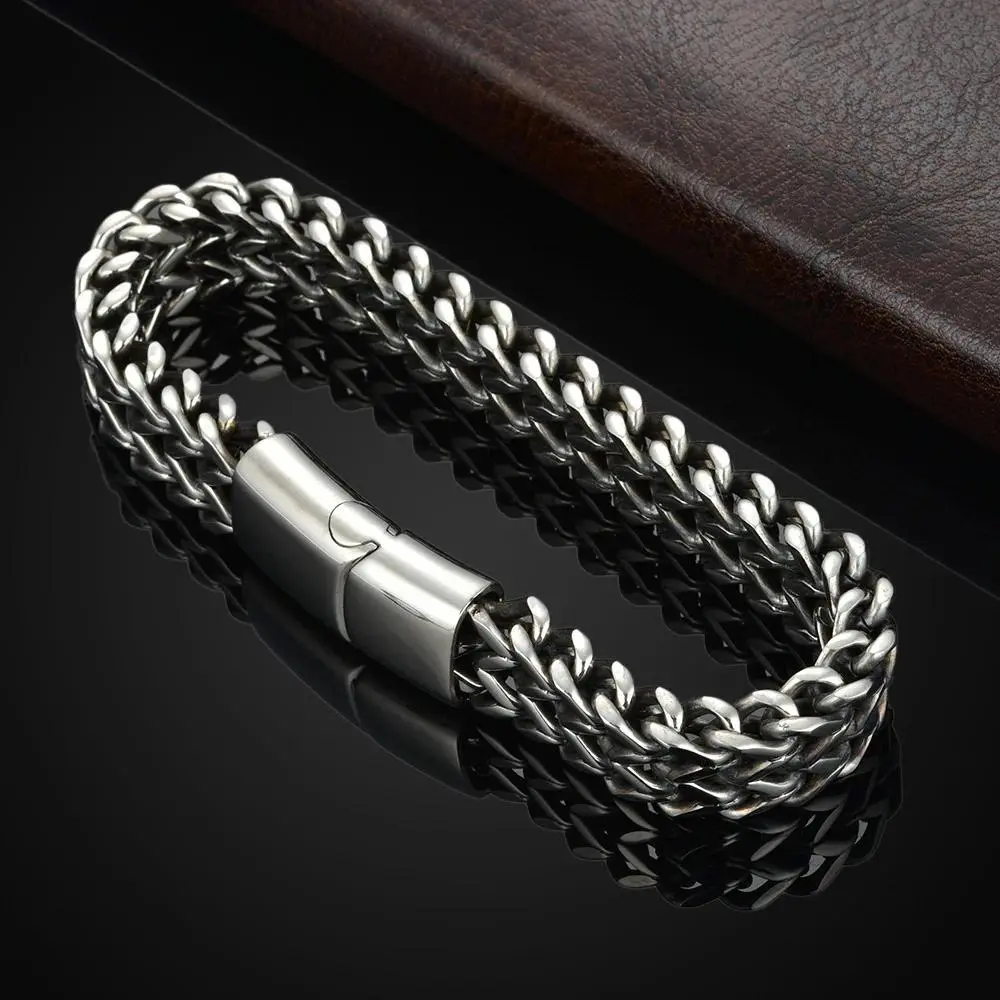 Gothic Exaggerated Skeleton Hand Bracelet, Stainless Steel Braided Double Row Fish Scale Alloy Magnetic Buckle with Keel, 21cm 31g 4mm-Thick 8mm-Wide, Canada Zircon CZ Links, Mal De Ojo Square Fan Blue Moon Elk Snowflake Bell Pea Heart Accents