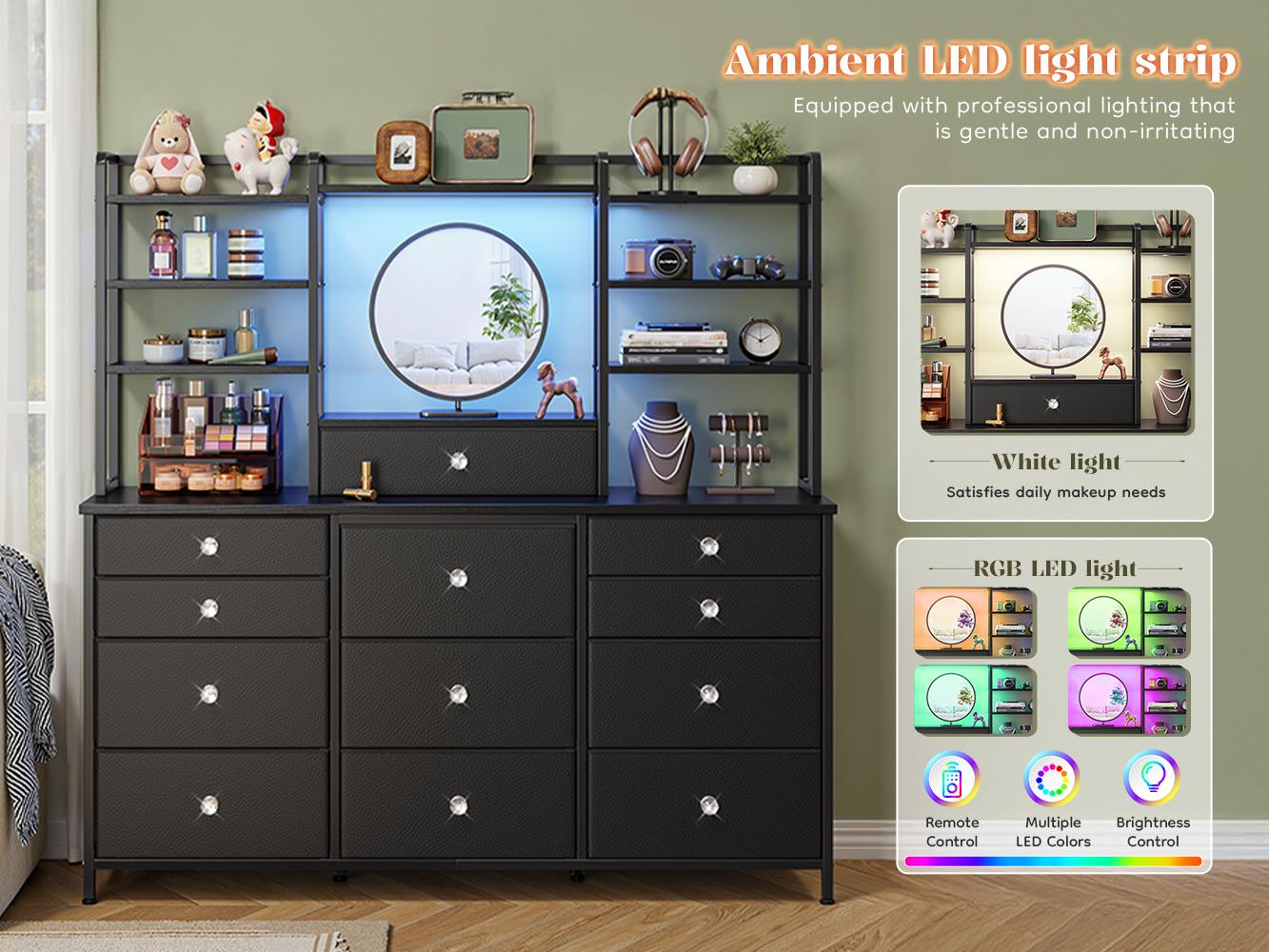 Raybee 12 Drawer LED Dresser for Bedroom, Stylish Fabric Chest with Open Shelves & Crystal Handles, Space-Saving Vanity Storage Organizer, Multi-Functional Furniture with Metal Frame & Wooden Shelf for Entryway, Closet, Living Room, Apartment, Dorm