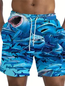 Plus-size men's blue beach shorts, shark pattern, with pockets, surf shorts, suitable for daily vacations, quick-drying, plus-size