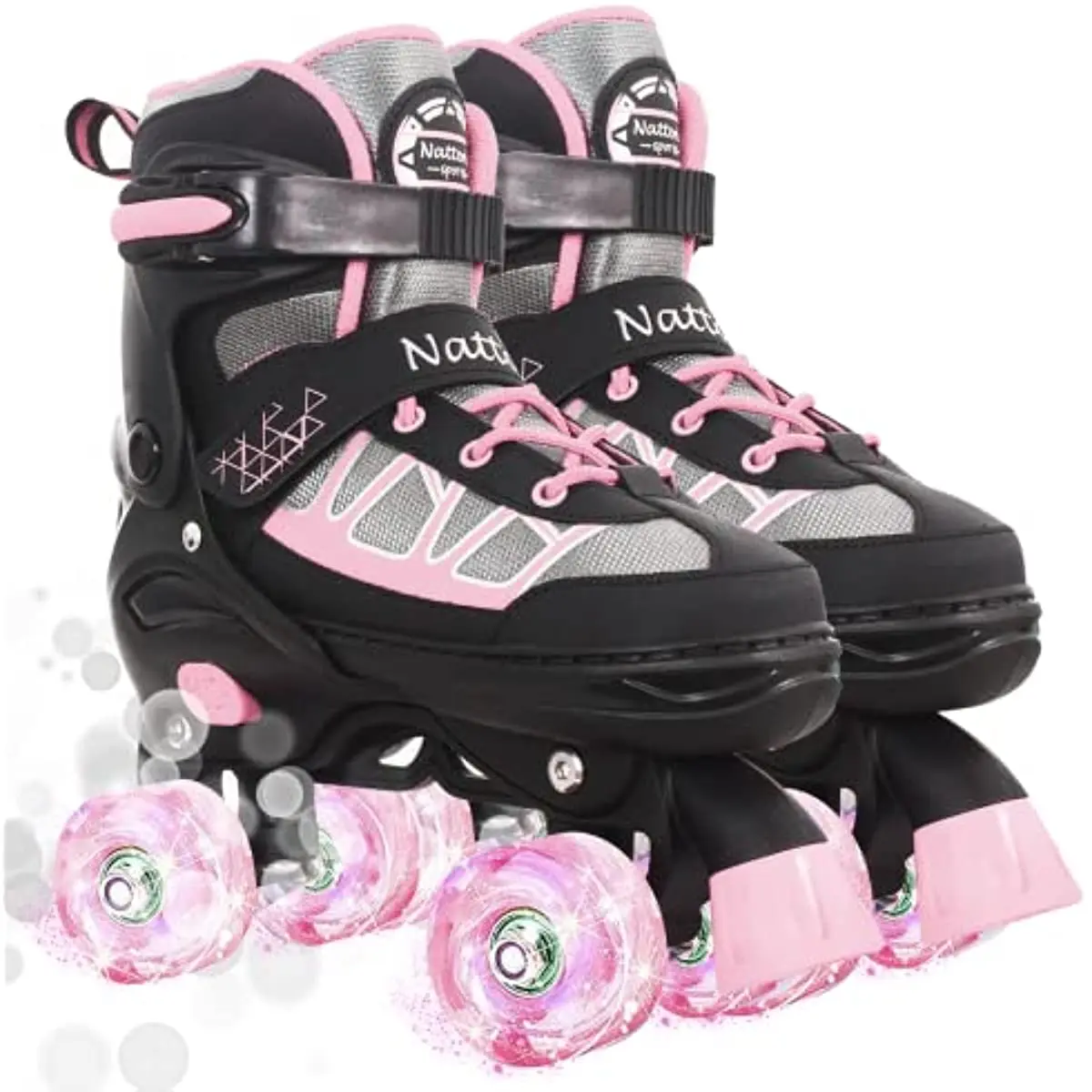 Nattork Kids' Adjustable Roller Skates - Pink Model 701, High-Top Support Sports Shoes with Wheels, 1-Push-Change Size Adjustment, High-Resilience PU Wheels for Outdoor Ride on Use, Ride On Wheels