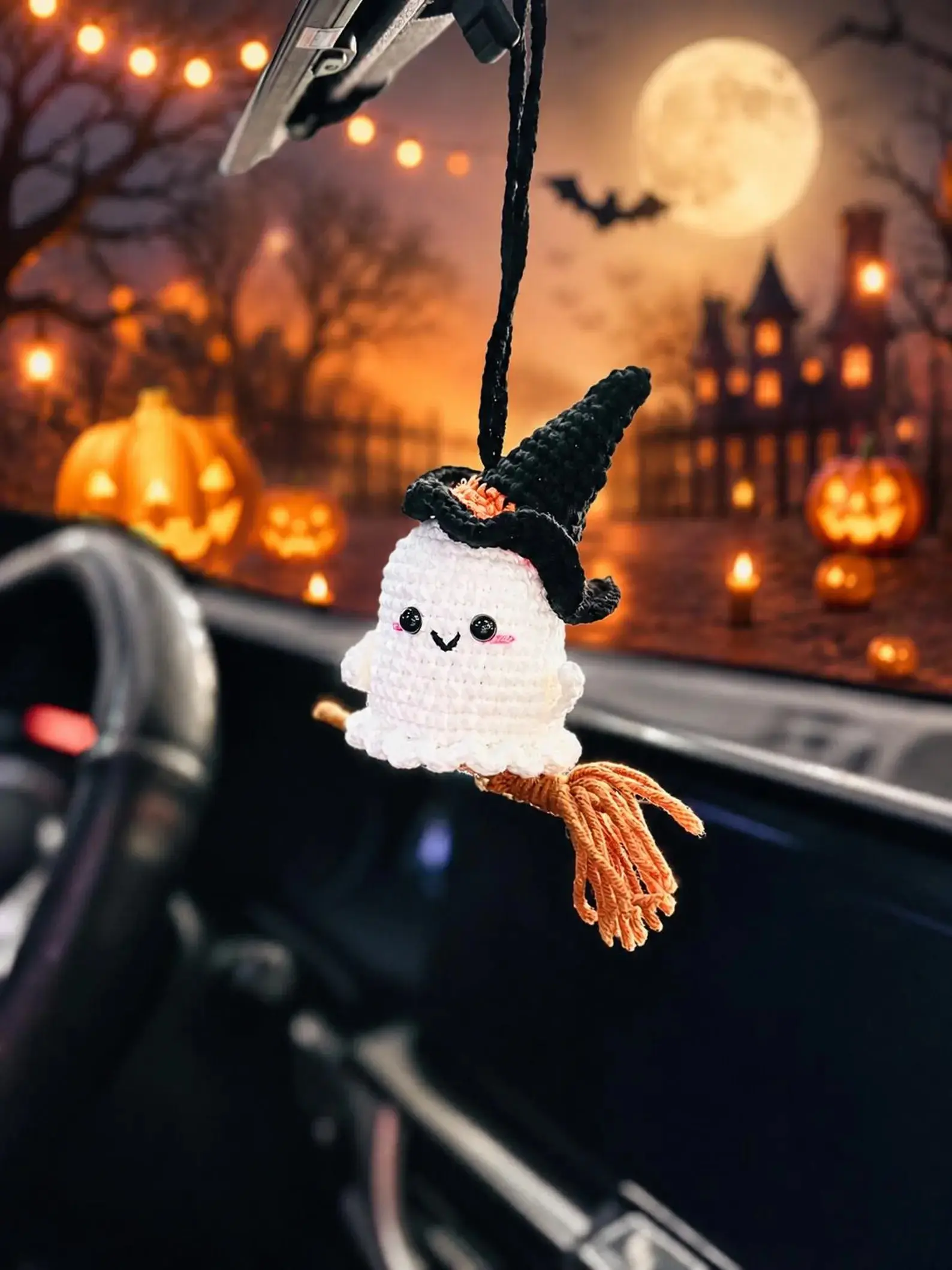 Cute Ghost Car Charm, Ghost On A Swing Car Charm, Crochet, Halloween Car Accessory, Car Ornament, Mirror Accessory, Halloween Gift
