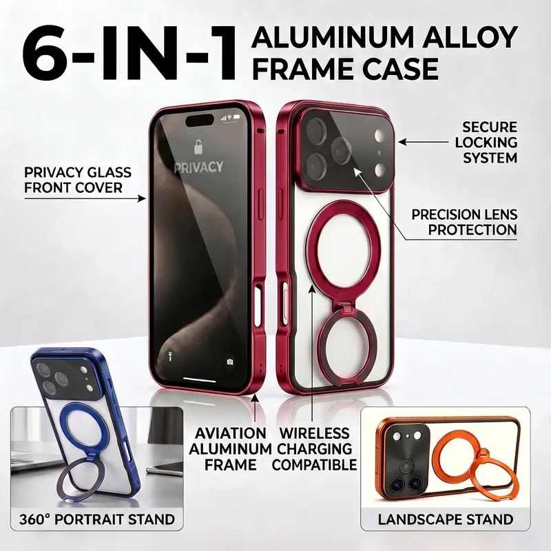6-in-1 Aluminum Alloy Frame Phone Case with 360° Rotatable Kickstand - Phone Accessories for iPhone 16、17、18 Pro Max, Built-in Privacy Screen, Full Body Drop & Explosion Resistant, MagSafe Charging, 1-Click Snap Install, for Travel Gaming Movies Sports