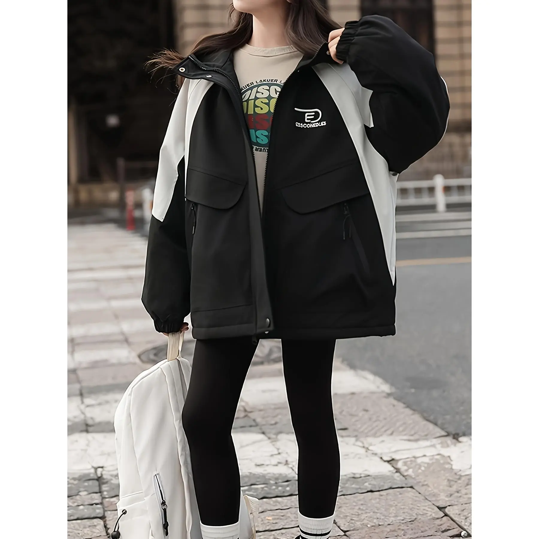Girls' Windbreaker Jacket, Casual Colorblock Full-Zip Long Sleeve Polyester Outerwear with Hood and Patches for Spring & Fall, Hooded Neck, Block Colors