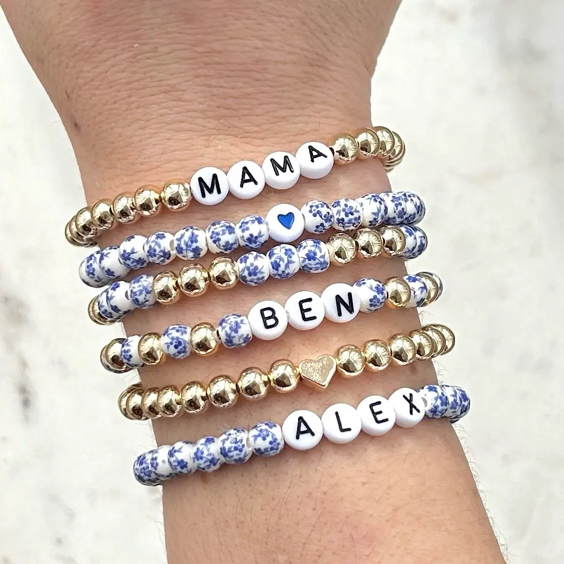 Simply Stated NY Blue Flower Custom Name Bracelet, Personalized Beaded Word Bracelet,  Mama Bracelet Stack, Kids Name Jewelry, New Mom Gift, Mothers Day Gift